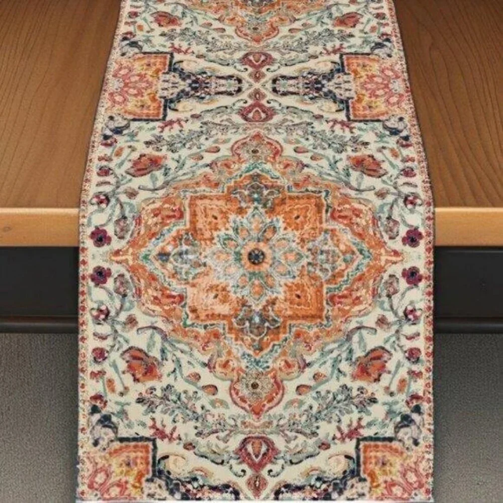 Boho Table Runner Bohemian Cottage Farmhouse Decor Dining Cloth Orange 13x120